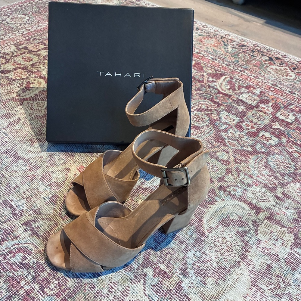 Tahari Taupe Suede Block Heel Sandals